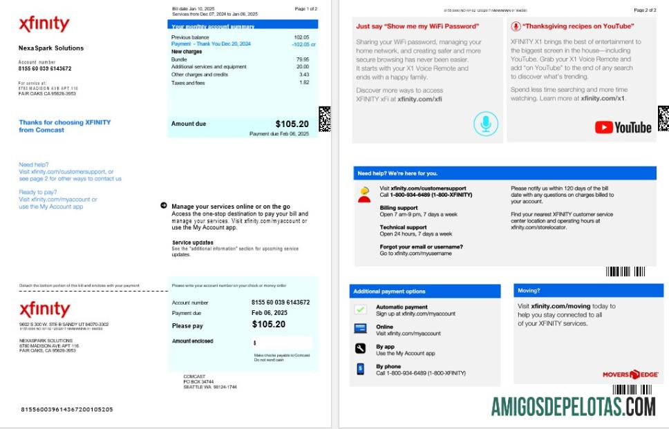 imprimível Modelo Word e PDF de fatura de serviços públicos XFINITY dos EUA, versão 2